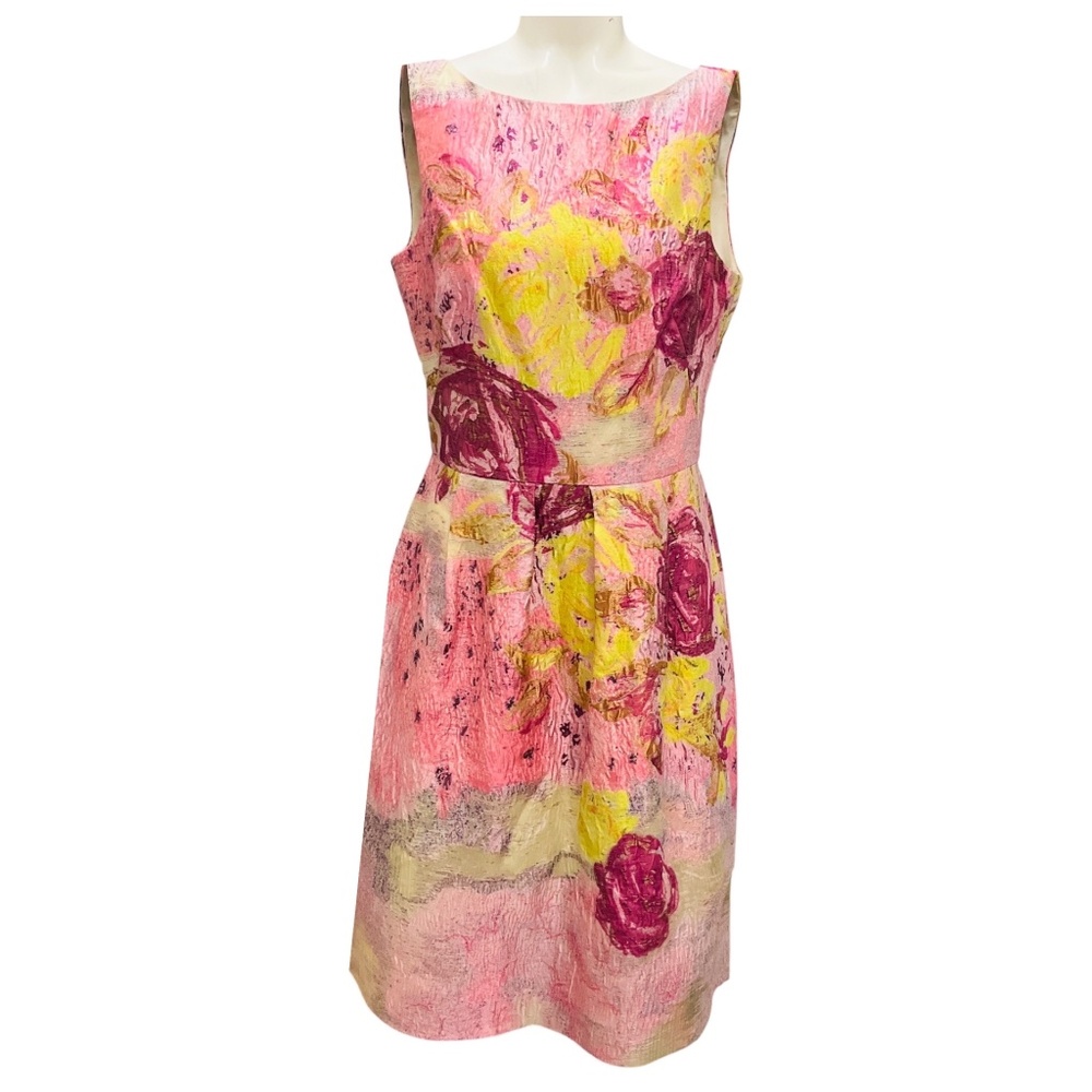 LELA ROSE PINK MULTI SLEEVELESS SILK JACQUARD COCKTAIL DRESS